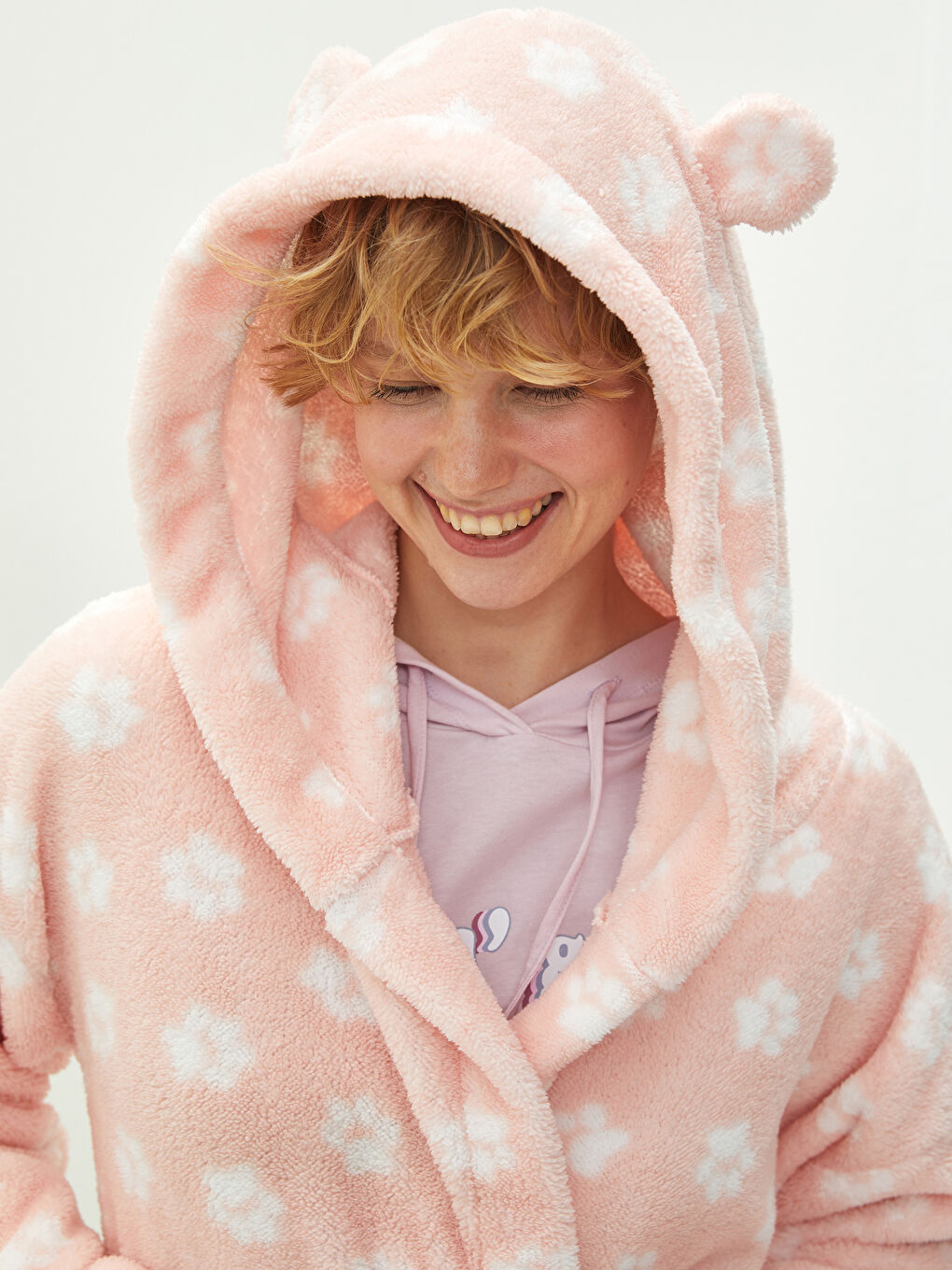 Hooded Collar Printed Long Sleeve Plush Women's Dressing Gown-2