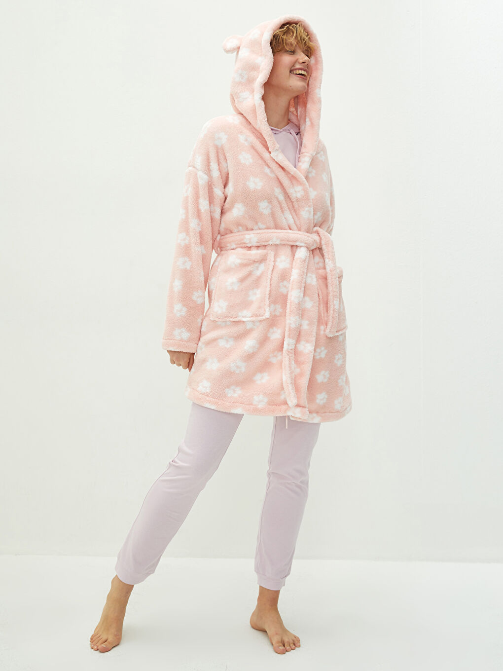 Hooded Collar Printed Long Sleeve Plush Women's Dressing Gown-3