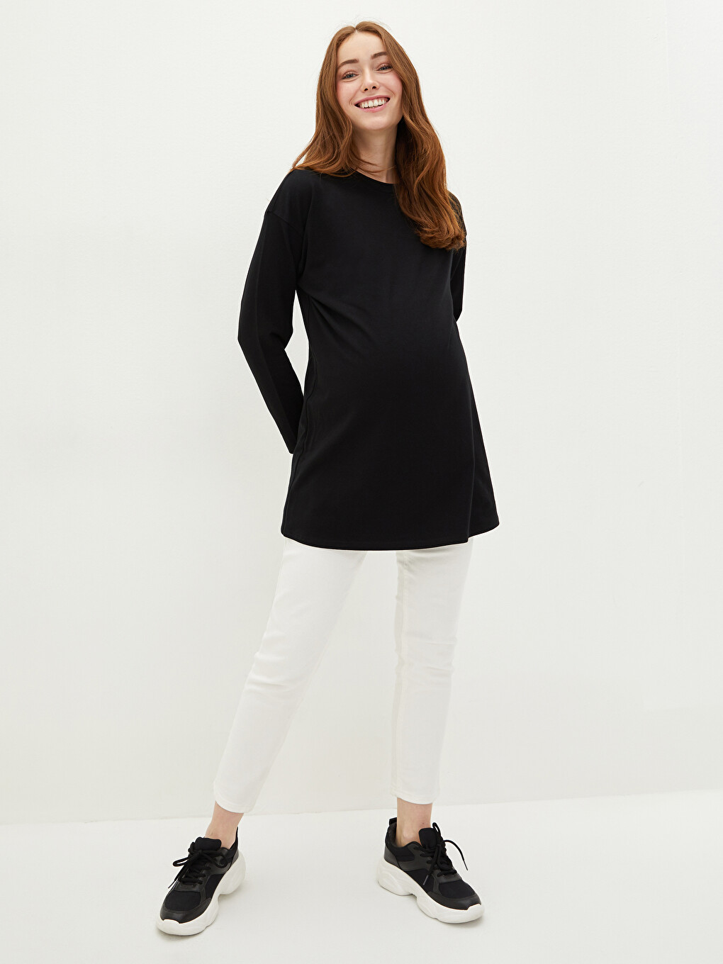 Crew Neck Straight Long Sleeve A-Line Maternity Tunic-2