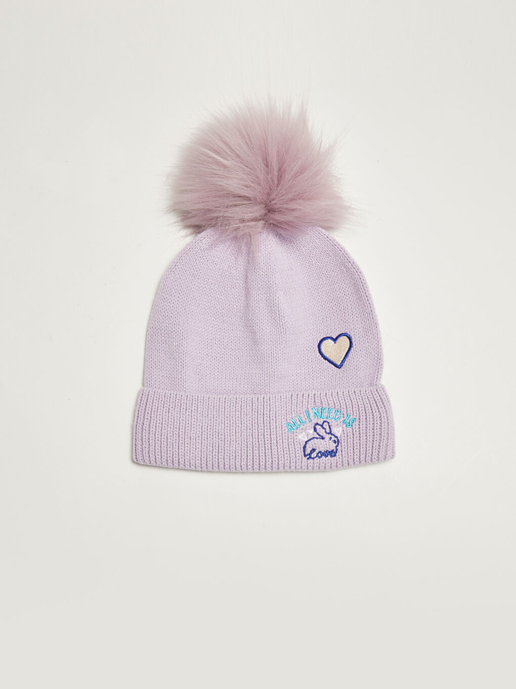 Mor Kız Çocuk Ponponlu Nakış Detaylı Triko Bere