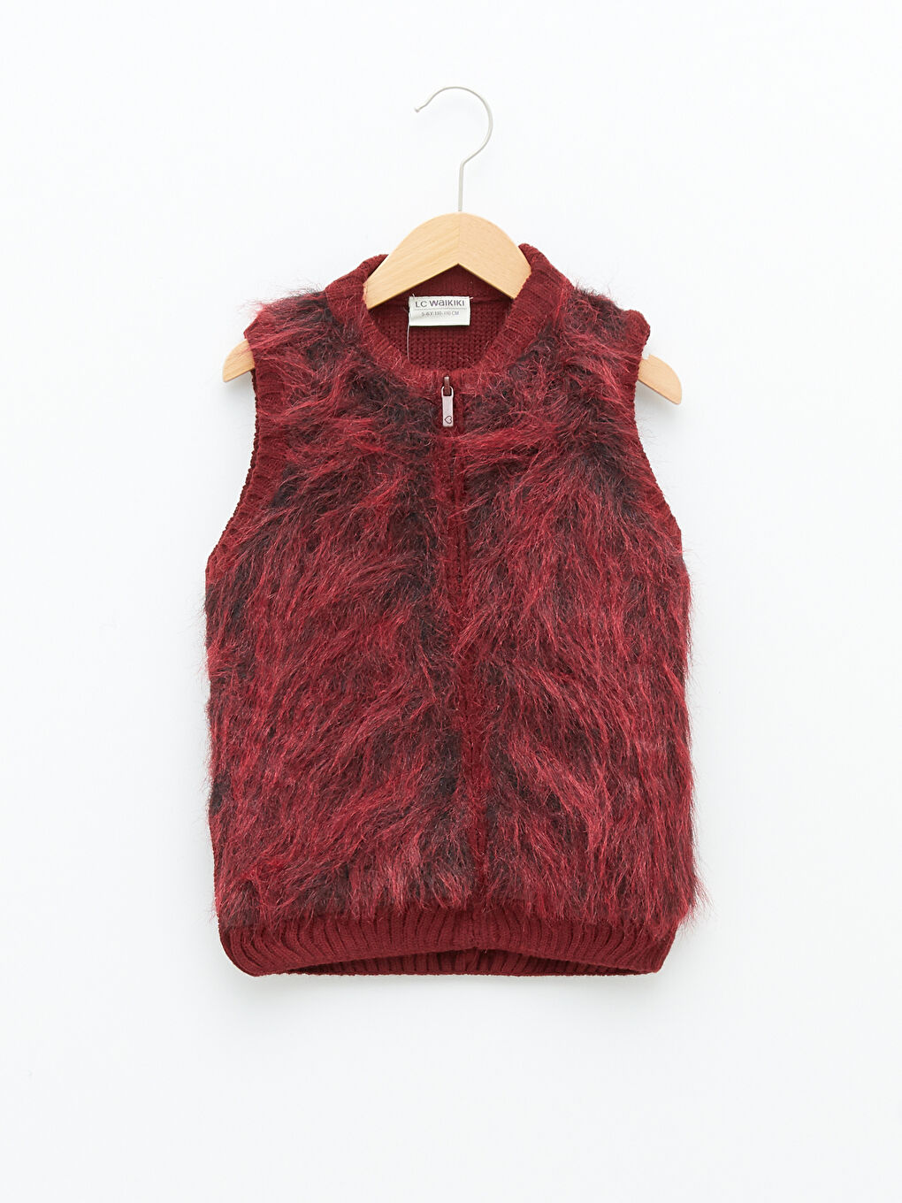 Kırmızı Bisiklet Yaka Pelüş Aplike Detaylı Kız Çocuk Fermuarlı Triko Yelek