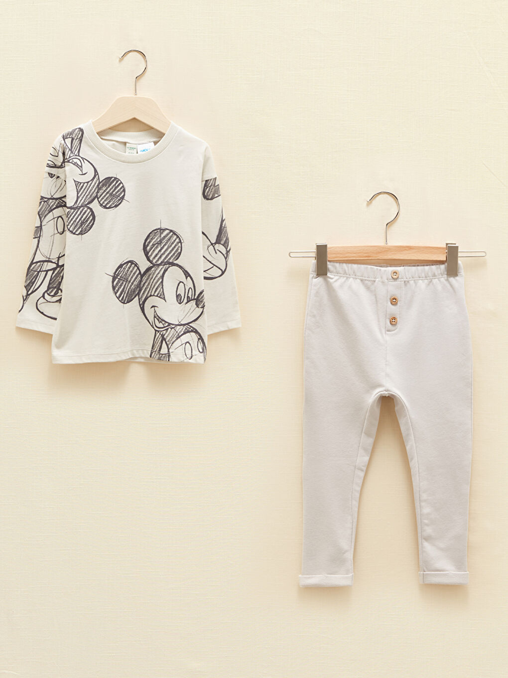 Crew Neck Long Sleeve Mickey Mouse Printed Baby Boy T-Shirt and Pants, Pack of 2