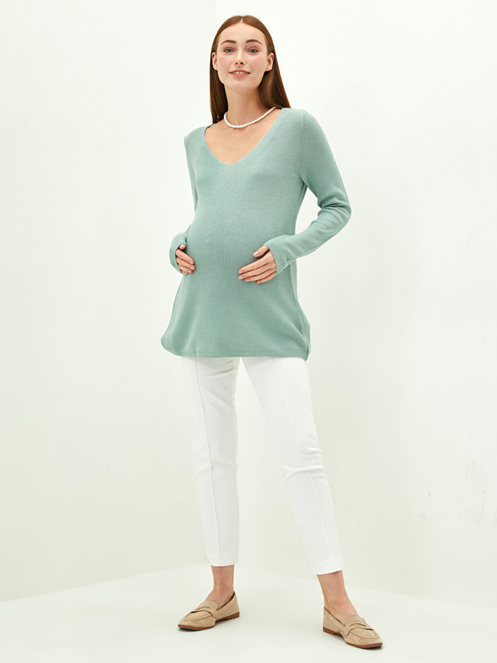 Свитер из трикотажа для беременных с V-образным вырезом, однотонный, с длинным рукавом-2