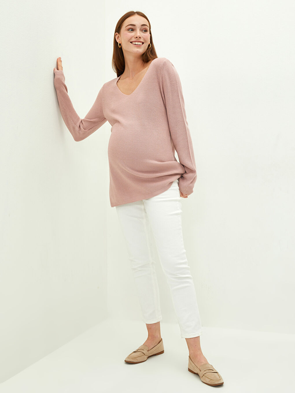 Свитер из трикотажа для беременных с V-образным вырезом, однотонный, с длинным рукавом-2