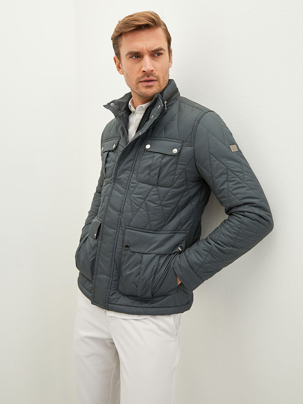 Haki Standart Kalıp Dik Yaka Erkek Şişme Mont-1