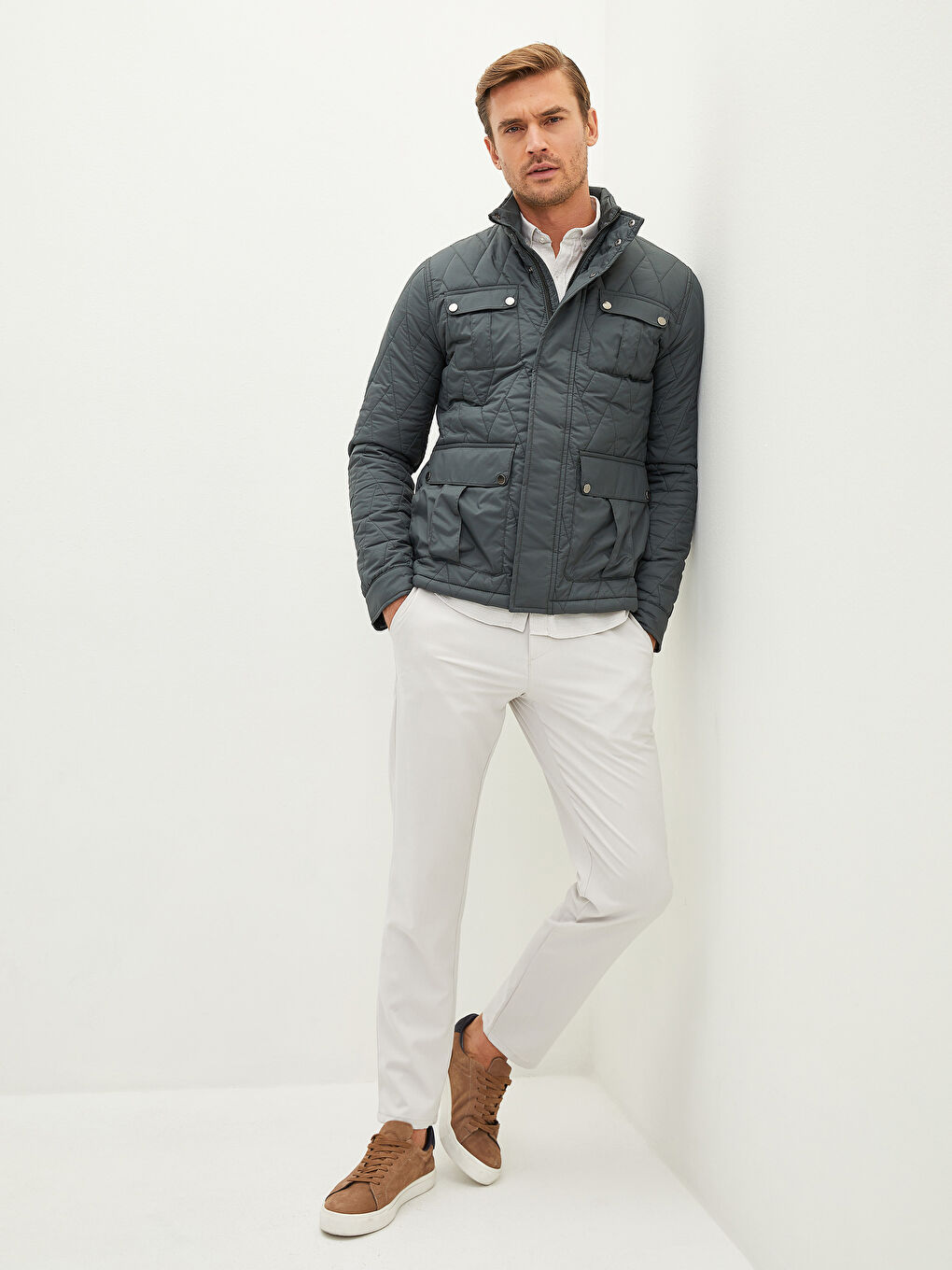 Haki Standart Kalıp Dik Yaka Erkek Şişme Mont-3