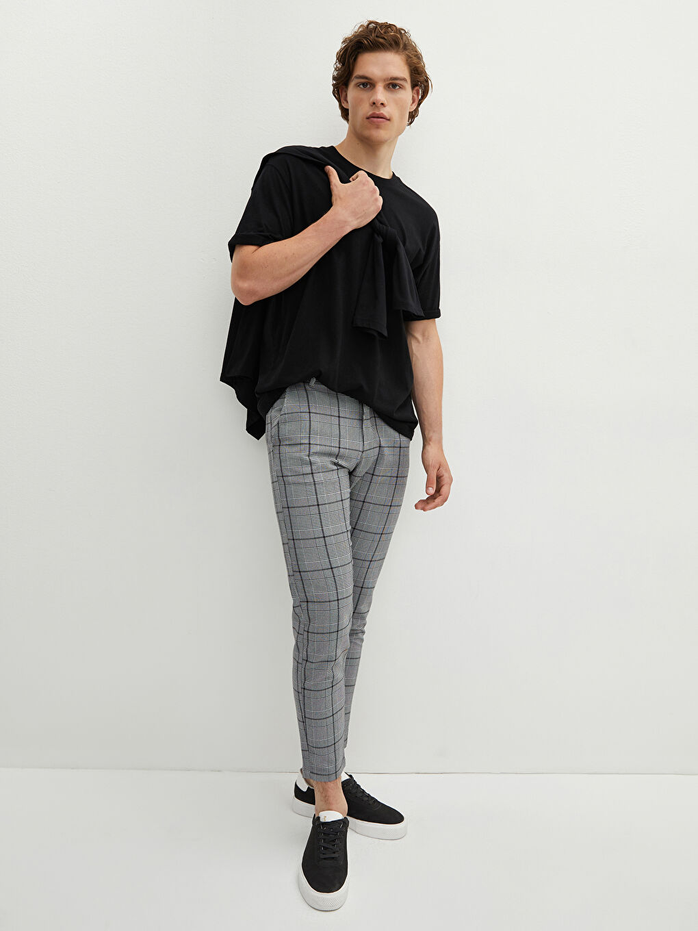 Beyaz Slim Fit Ekose Erkek Pantolon-2