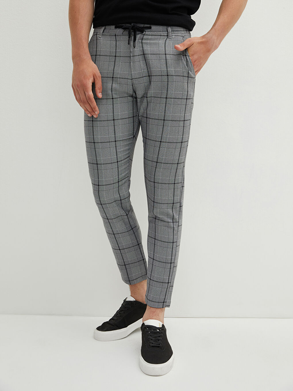 Beyaz Slim Fit Ekose Erkek Pantolon-3