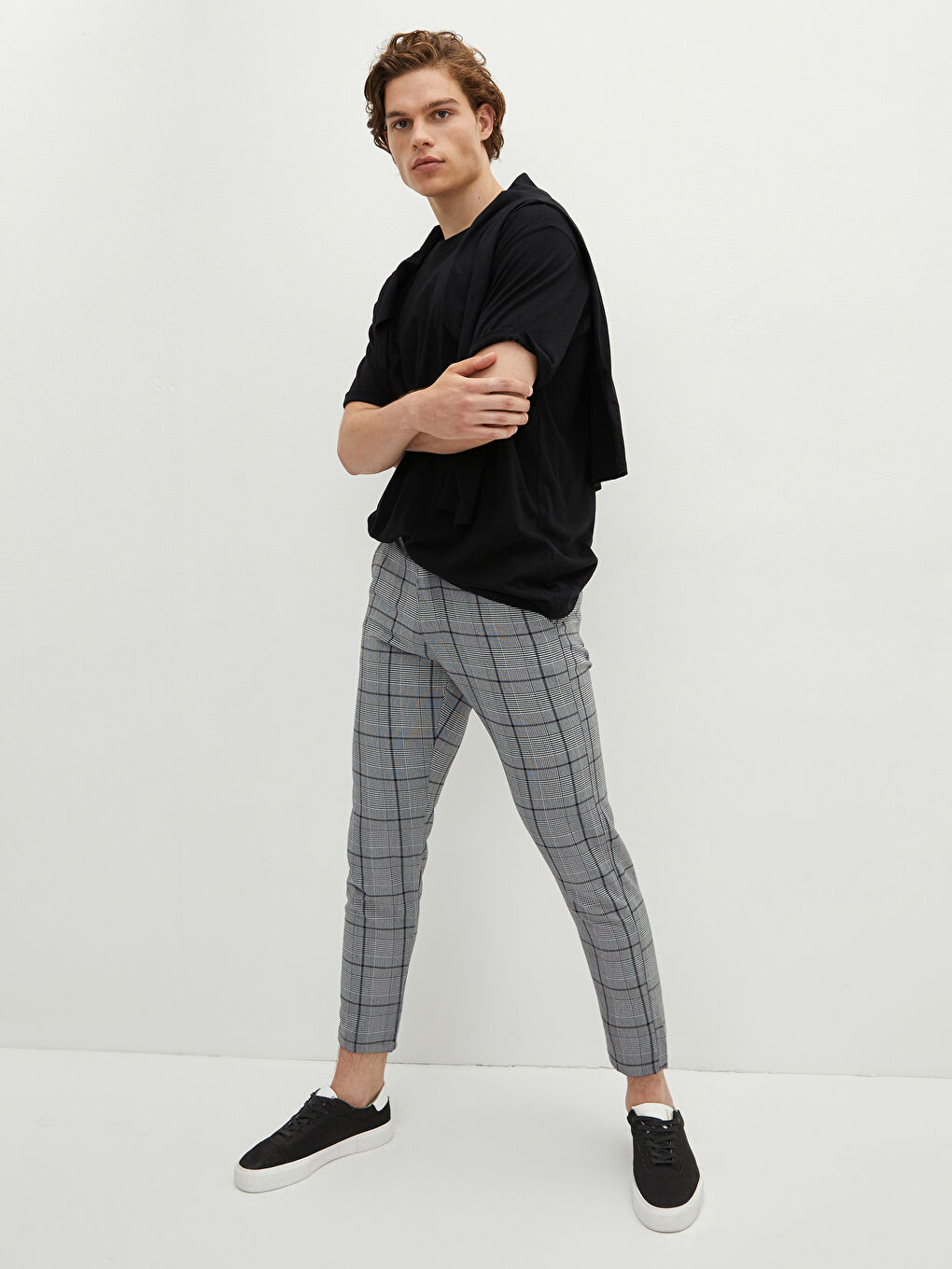 Beyaz Slim Fit Ekose Erkek Pantolon-1