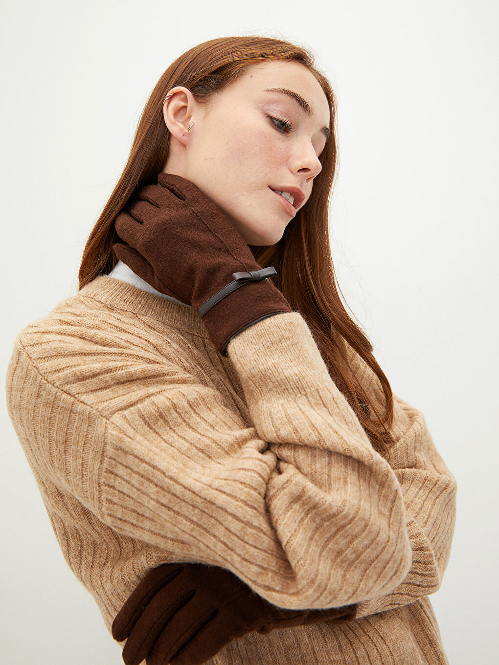 Kahverengi Fiyonk Detaylı Kadın Triko Eldiven-1