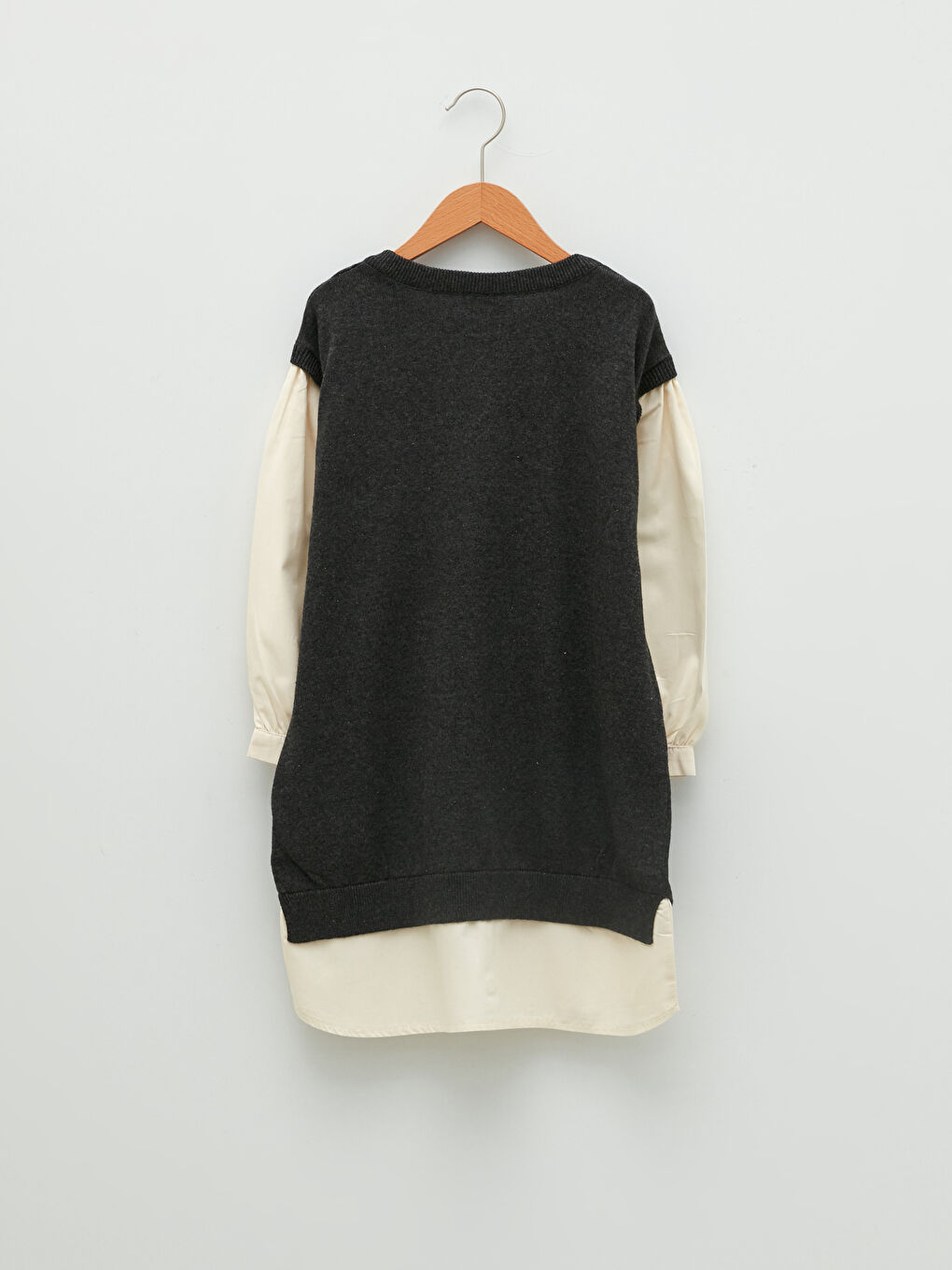 Antrasit Bisiklet Yaka Desenli Uzun Kollu Kız Çocuk Triko Elbise-1