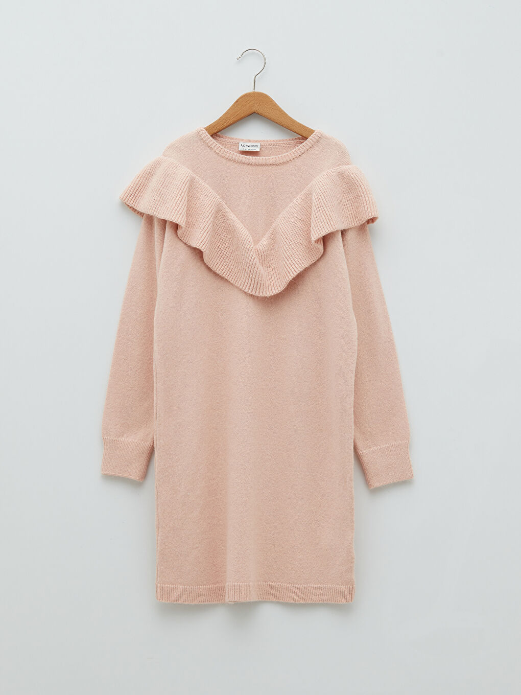 Pembe Bisiklet Yaka Fırfır Detaylı Uzun Kollu Kız Çocuk Triko Elbise