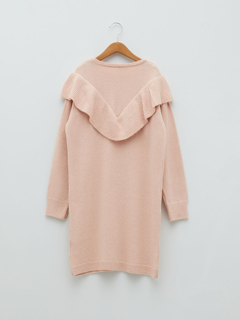 Pembe Bisiklet Yaka Fırfır Detaylı Uzun Kollu Kız Çocuk Triko Elbise-1