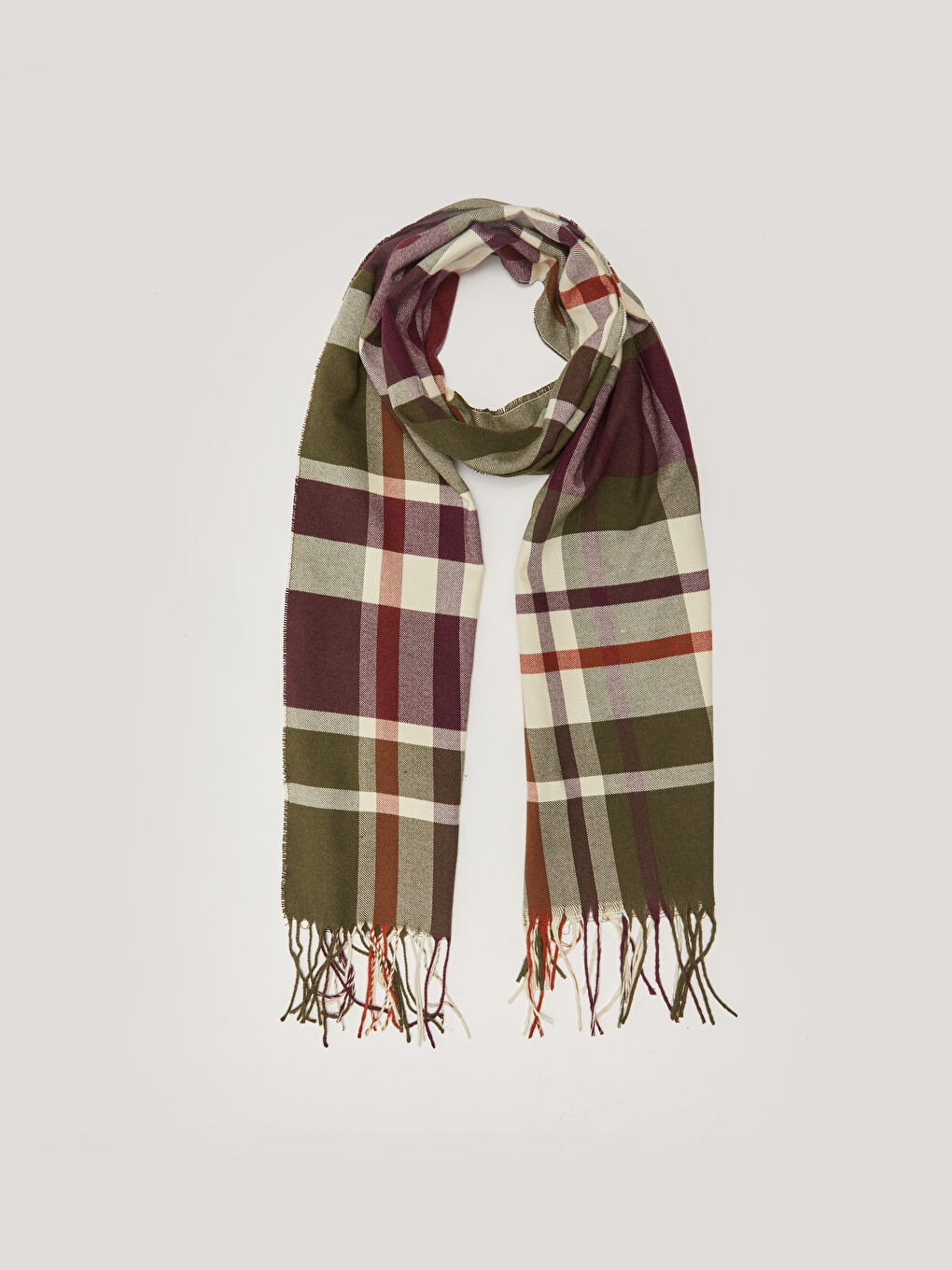 Haki Püskül Detaylı Ekose Erkek Atkı-1