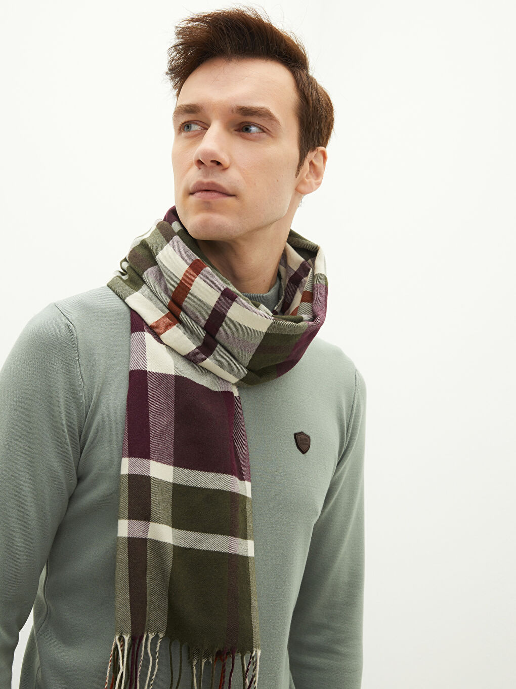 Haki Püskül Detaylı Ekose Erkek Atkı