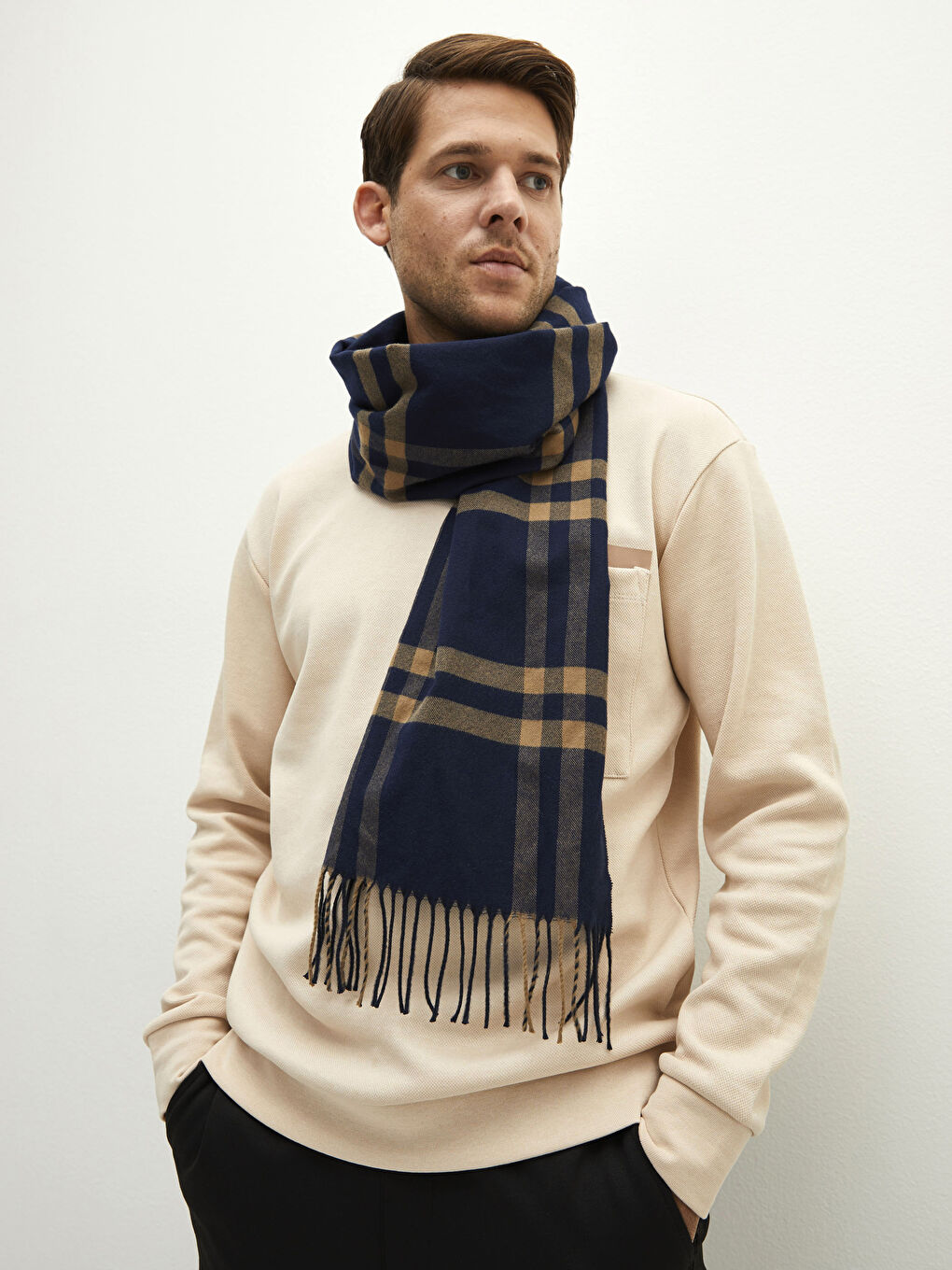 Textured Fabric Tasseled Plaid Men's Scarf