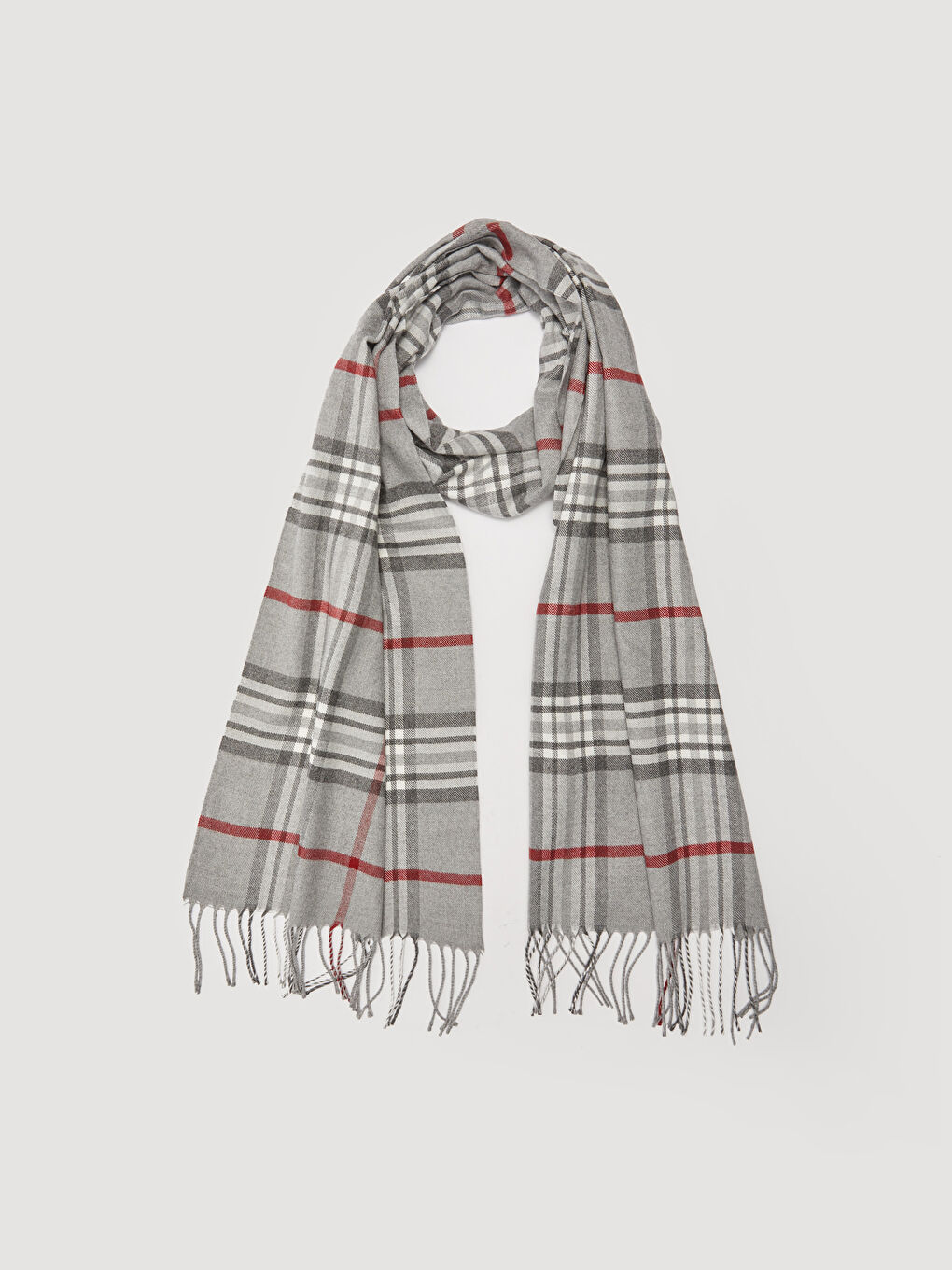 Gri Kısa Püskül Detaylı Ekose Erkek Atkı-1