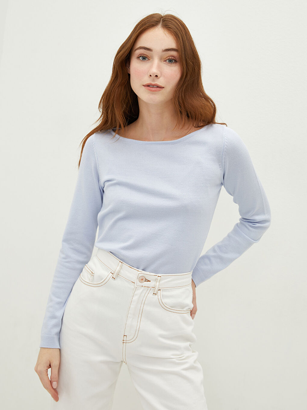 LCWAIKIKI Basic Slash Neck Plain Long Sleeve Women's Knitwear Sweater -W14947Z8-G2B
