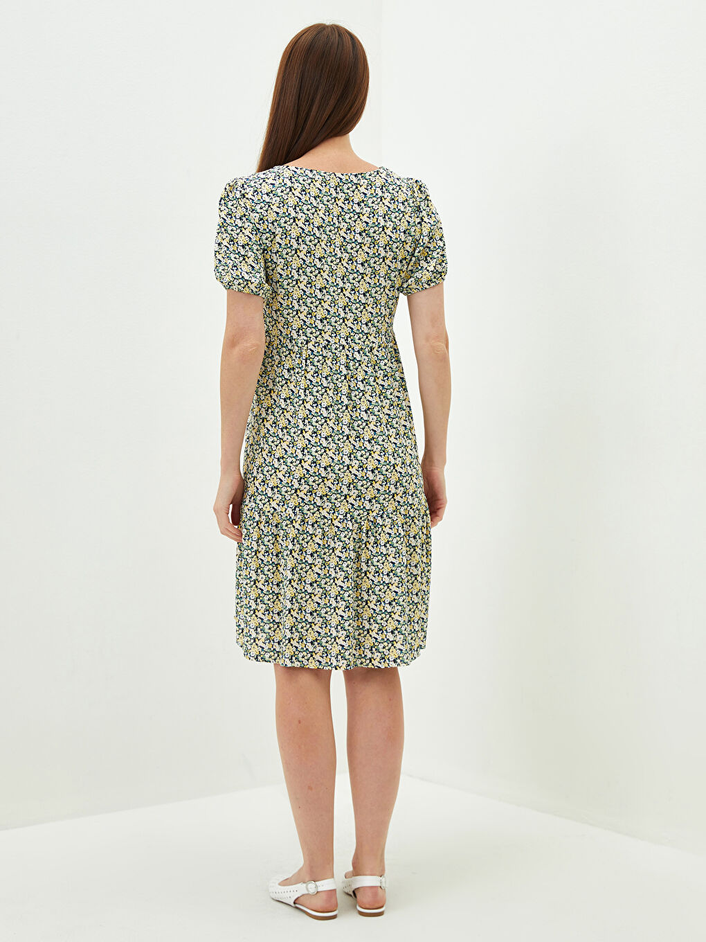 Double Breasted Collar Floral Short Sleeve Crinkle Fabric Maternity Dress-2