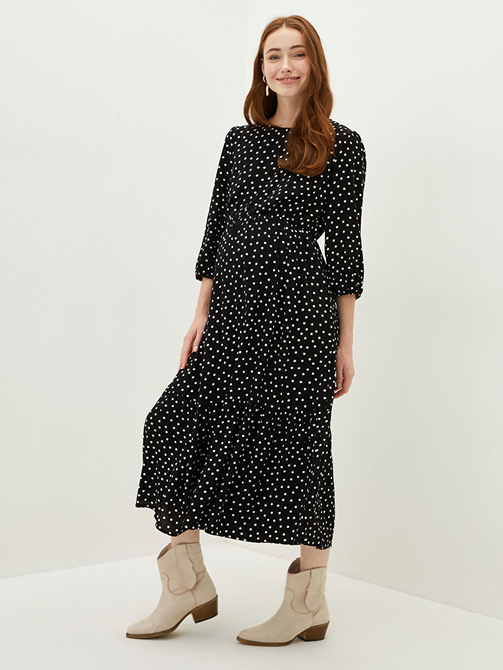 Crew Neck Polka Dot Long Sleeve Viscose Maternity Dress -W14967Z8-LQJ