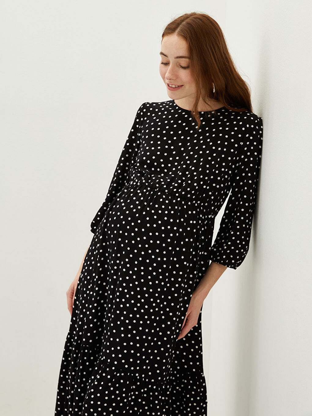 Crew Neck Polka Dot Long Sleeve Viscose Maternity Dress -W14967Z8-LQJ
