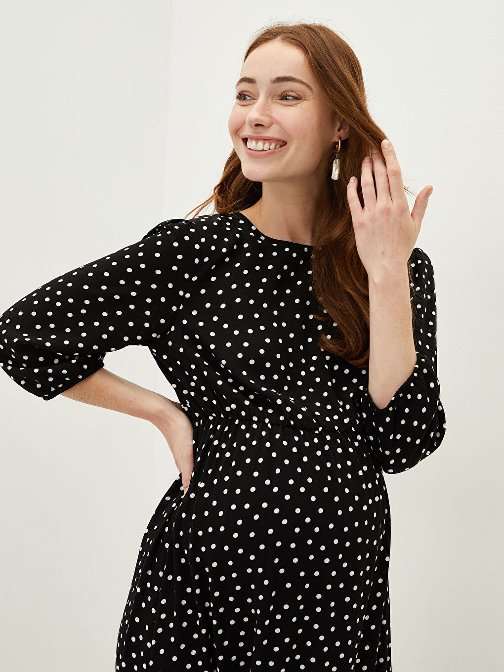 Crew Neck Polka Dot Long Sleeve Viscose Maternity Dress -W14967Z8-LQJ