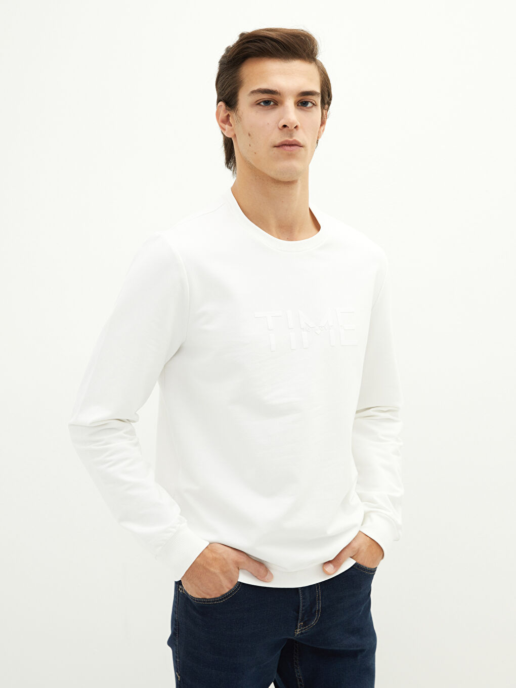 Ekru Bisiklet Yaka Uzun Kollu Baskılı İnce Erkek Sweatshirt-1