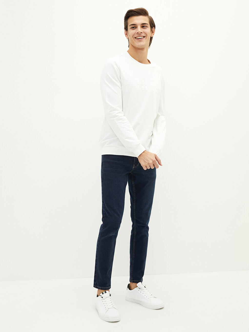 Ekru Bisiklet Yaka Uzun Kollu Baskılı İnce Erkek Sweatshirt-2