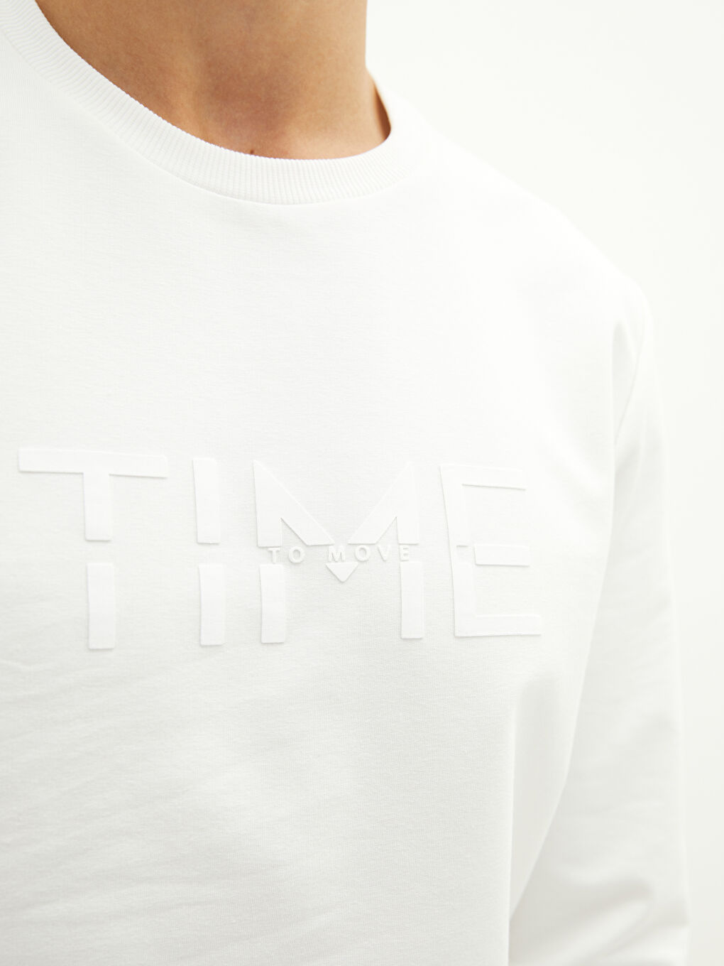 Ekru Bisiklet Yaka Uzun Kollu Baskılı İnce Erkek Sweatshirt-3