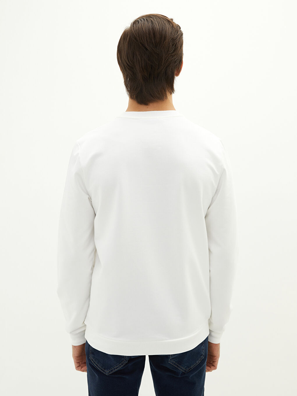 Ekru Bisiklet Yaka Uzun Kollu Baskılı İnce Erkek Sweatshirt-4