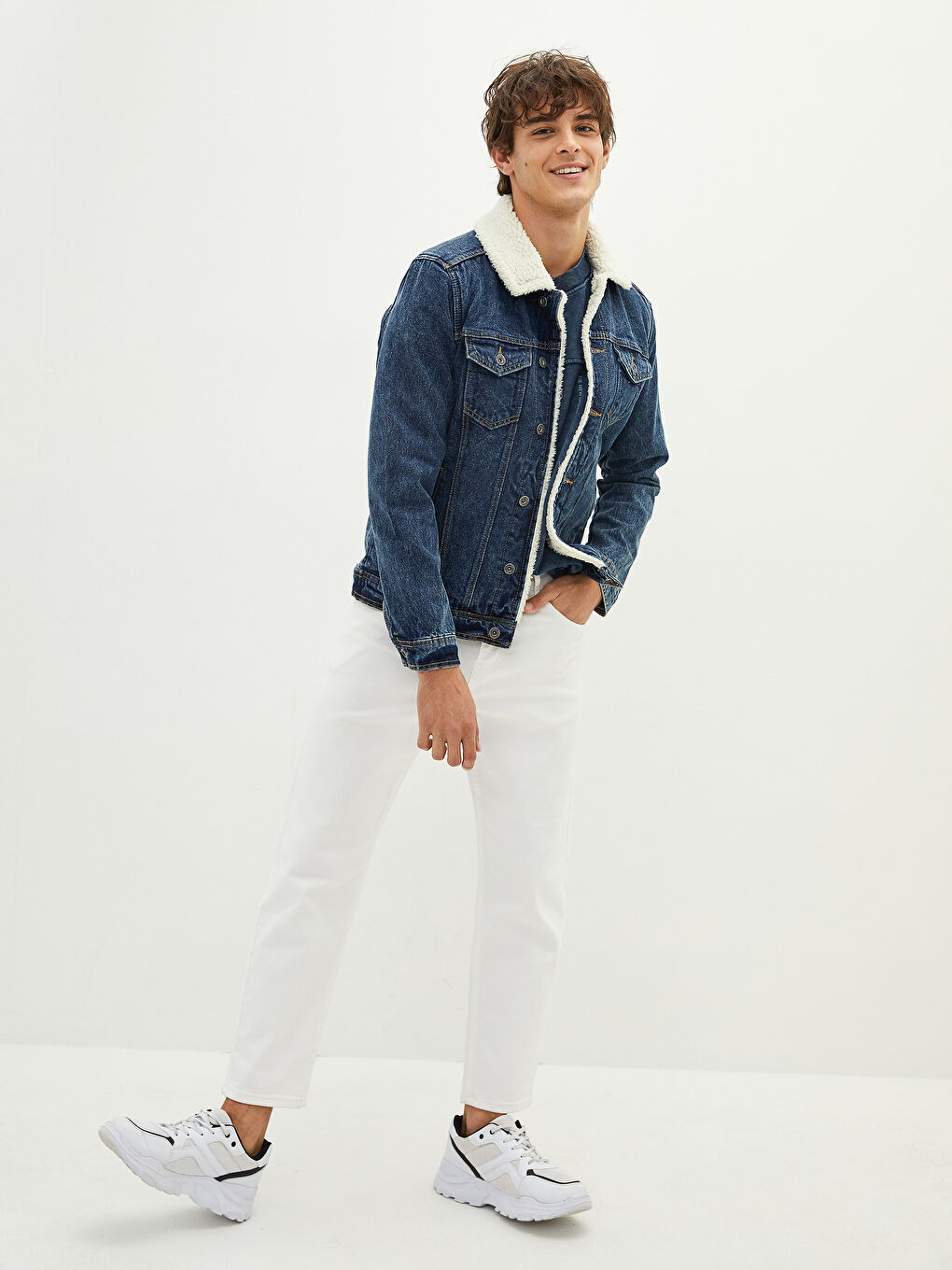 Regular Fit Collared Neck Men's Denim Coat-3