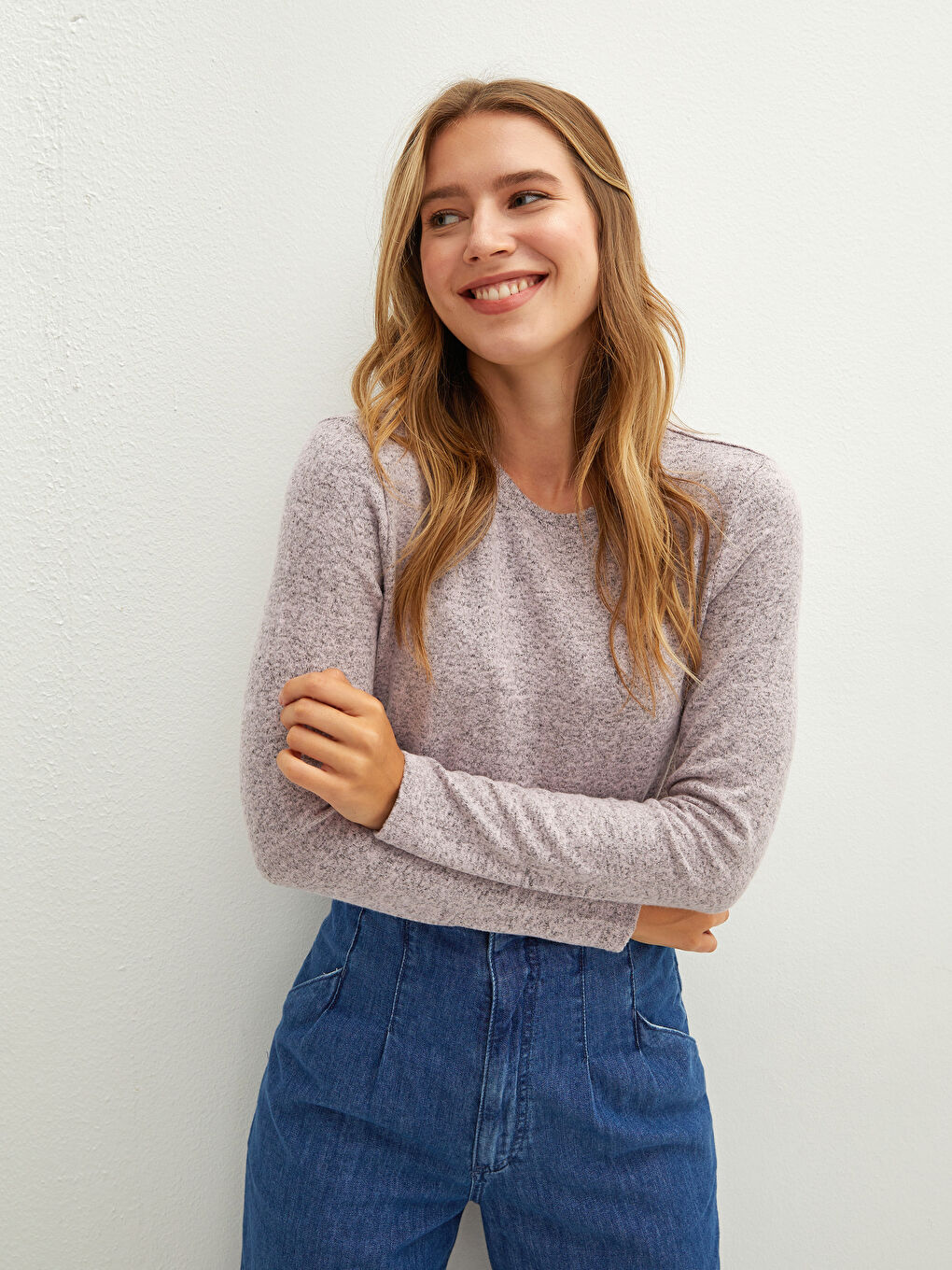 تيشيرت كم طويل سادة بياقة دائرية للسيدات-1