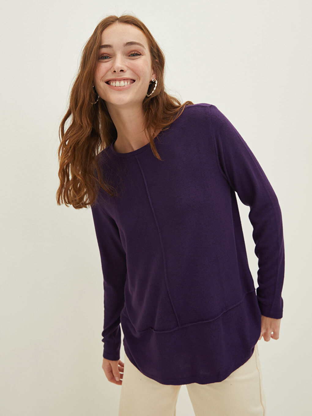 Футболка Женская С Длинным Рукавом И Круглым Вырезом, Однотонная