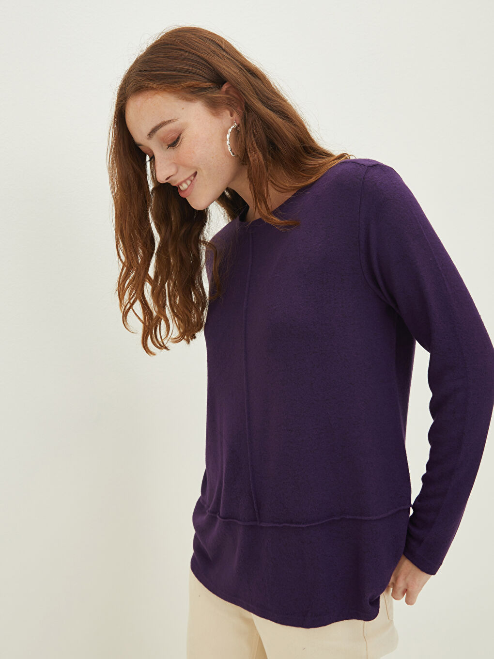 Футболка Женская С Длинным Рукавом И Круглым Вырезом, Однотонная-1