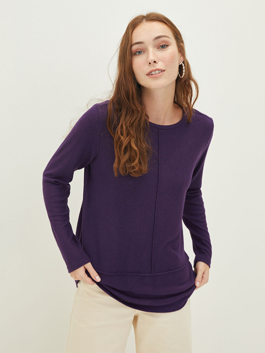 Футболка Женская С Длинным Рукавом И Круглым Вырезом, Однотонная-2