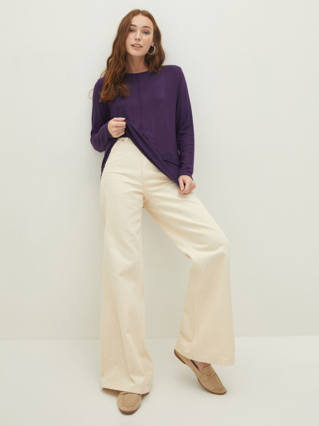 Футболка Женская С Длинным Рукавом И Круглым Вырезом, Однотонная-3