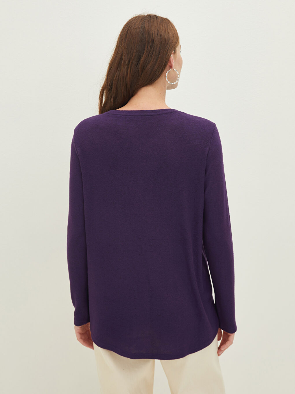 Футболка Женская С Длинным Рукавом И Круглым Вырезом, Однотонная-4