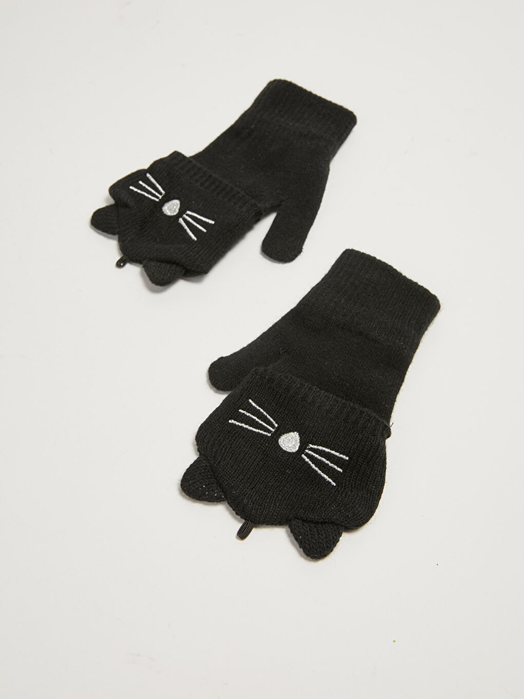 Girl's Cat Figured Embroidered Covered Knitwear Gloves-2