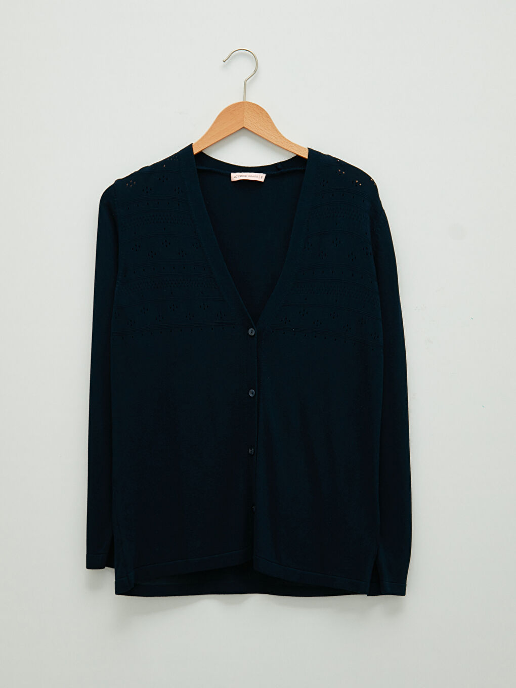 Lacivert V Yaka Kendinden Desenli Uzun Kollu Kadın Triko Hırka-5