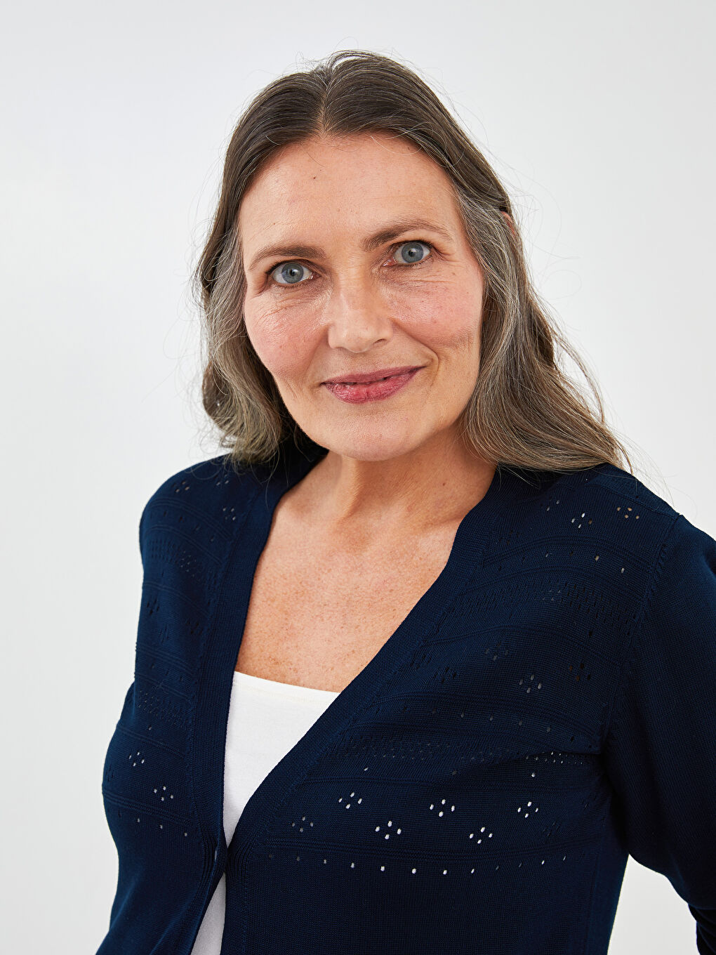 Lacivert V Yaka Kendinden Desenli Uzun Kollu Kadın Triko Hırka-1