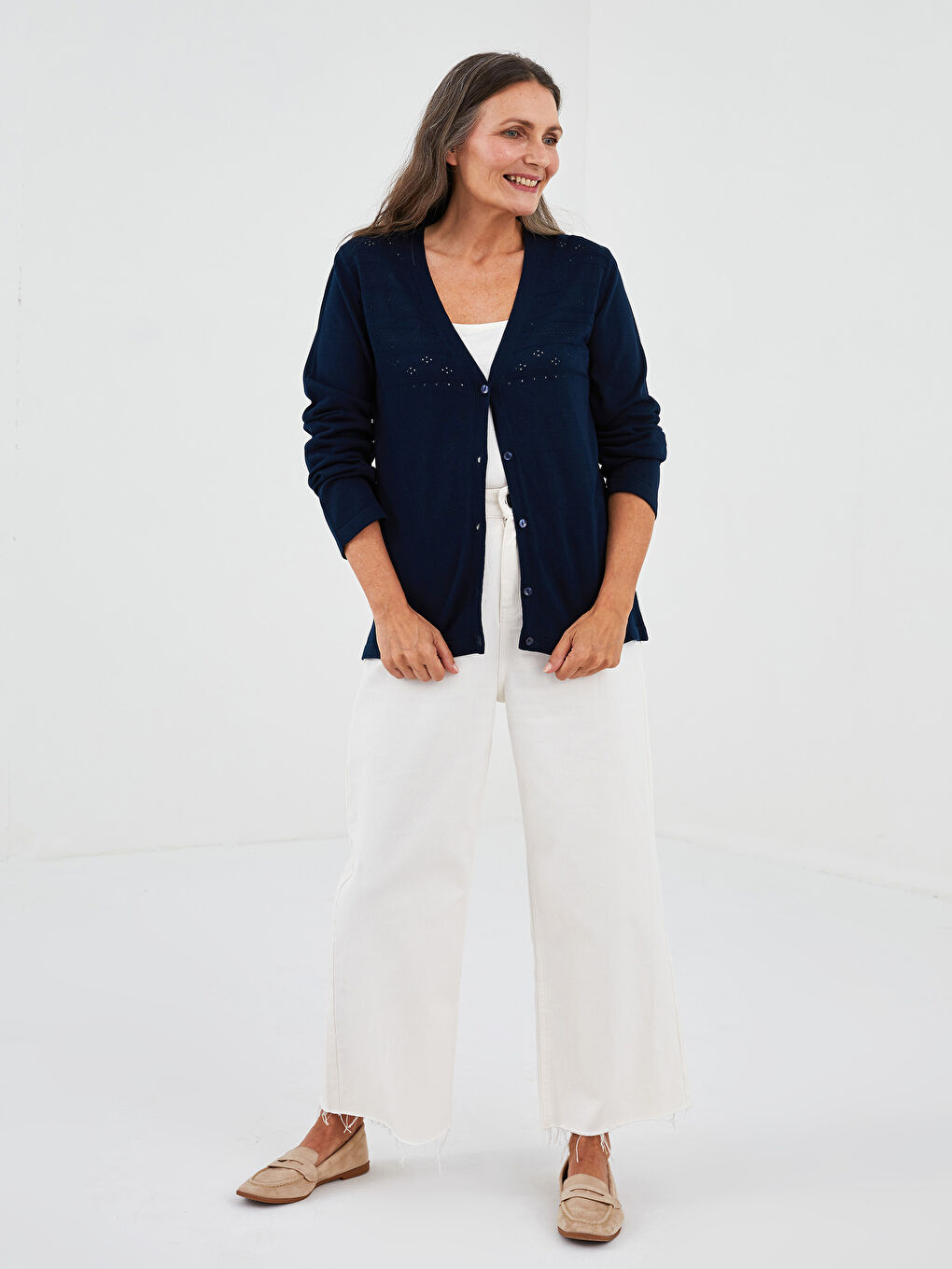 Lacivert V Yaka Kendinden Desenli Uzun Kollu Kadın Triko Hırka-2