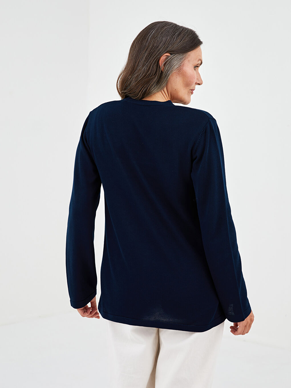 Lacivert V Yaka Kendinden Desenli Uzun Kollu Kadın Triko Hırka-3