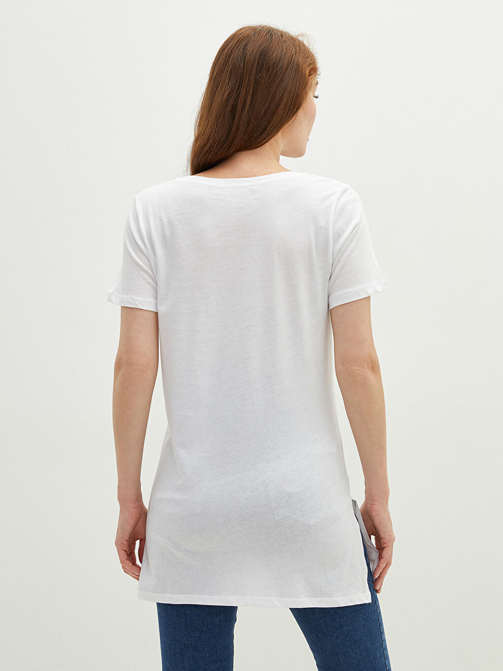 Beyaz V Yaka Düz Kısa Kollu Hamile Tişört-3