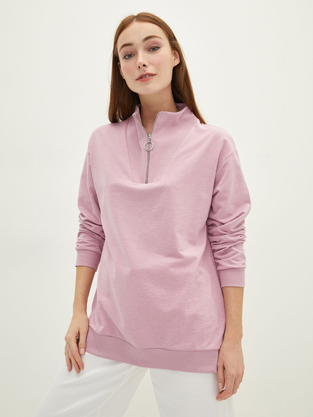 Lila Dik Yaka Düz Uzun Kollu Kadın Sweatshirt