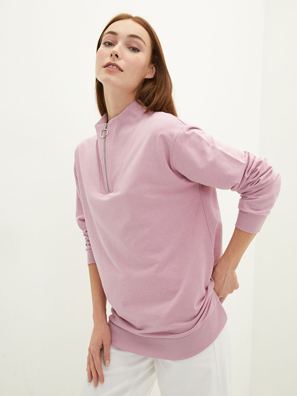 Lila Dik Yaka Düz Uzun Kollu Kadın Sweatshirt-1