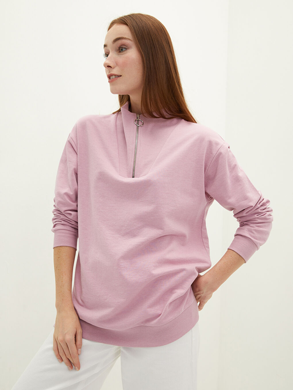 Lila Dik Yaka Düz Uzun Kollu Kadın Sweatshirt-2