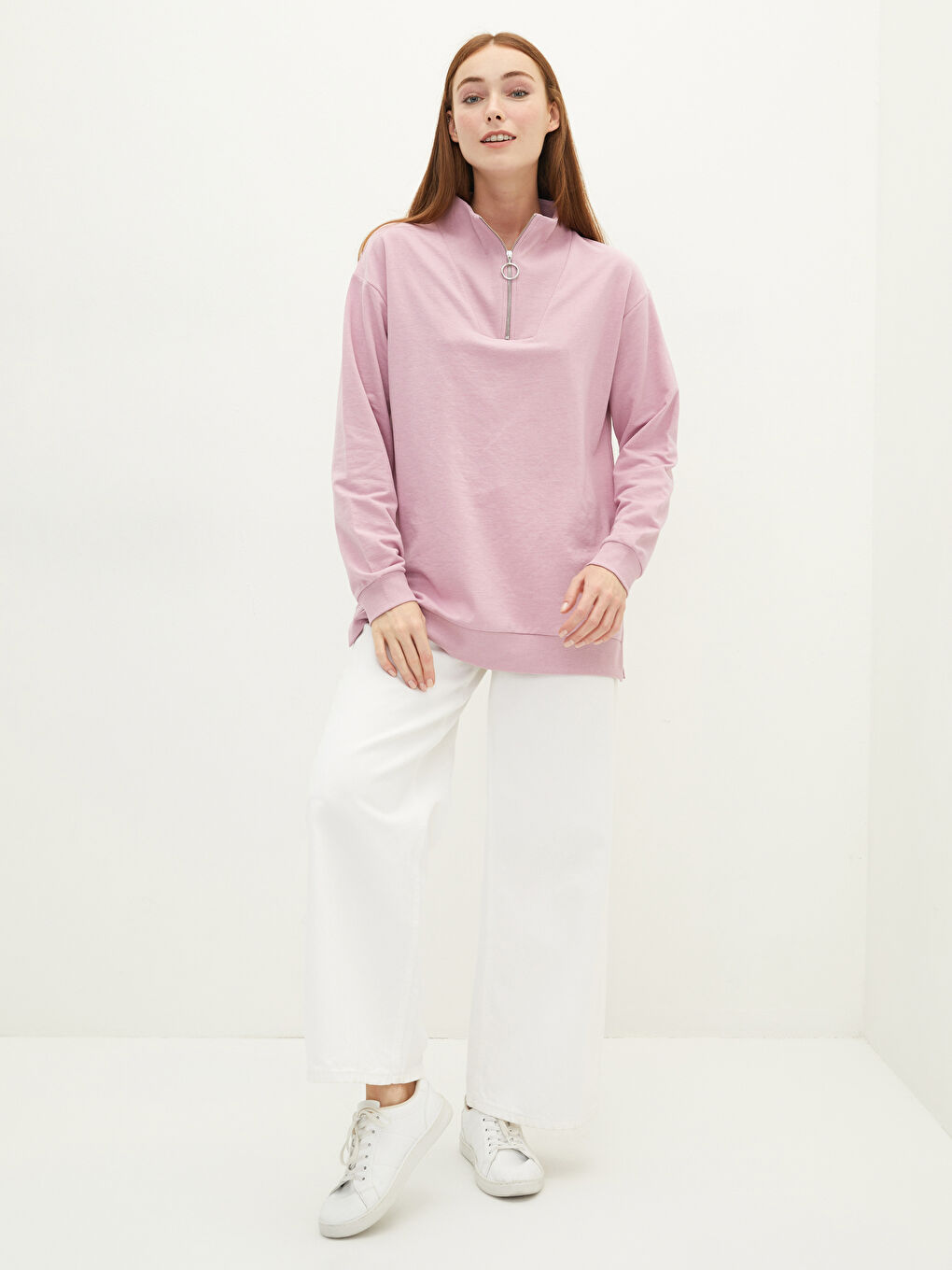 Lila Dik Yaka Düz Uzun Kollu Kadın Sweatshirt-3