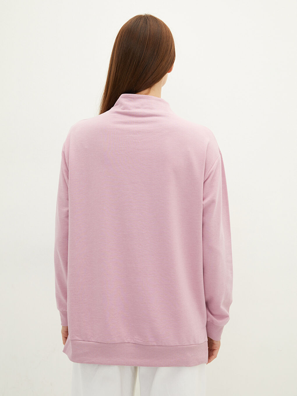 Lila Dik Yaka Düz Uzun Kollu Kadın Sweatshirt-4