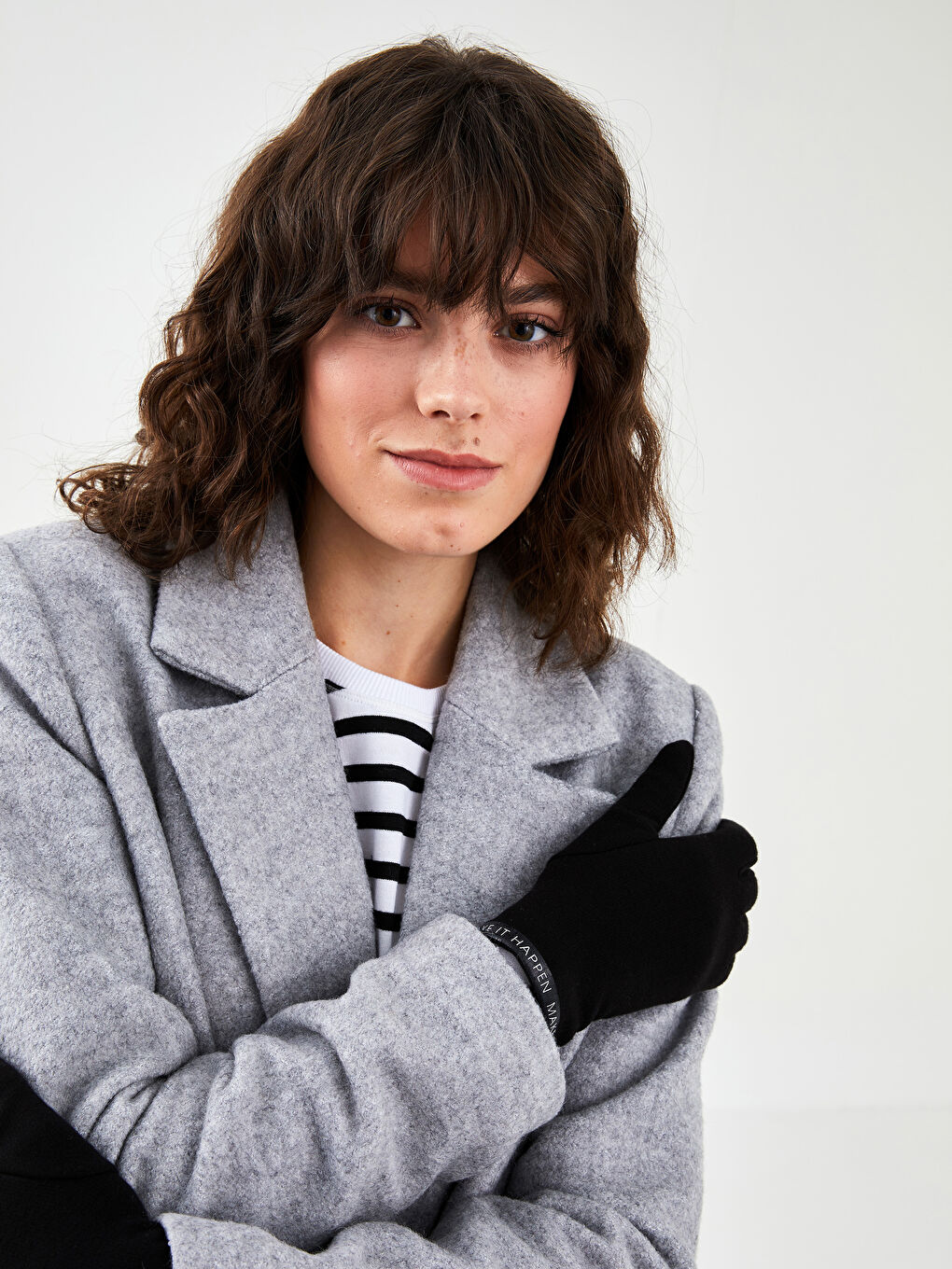 Siyah Dokunmatik Detaylı Slogan Baskılı Kadın Eldiven-1