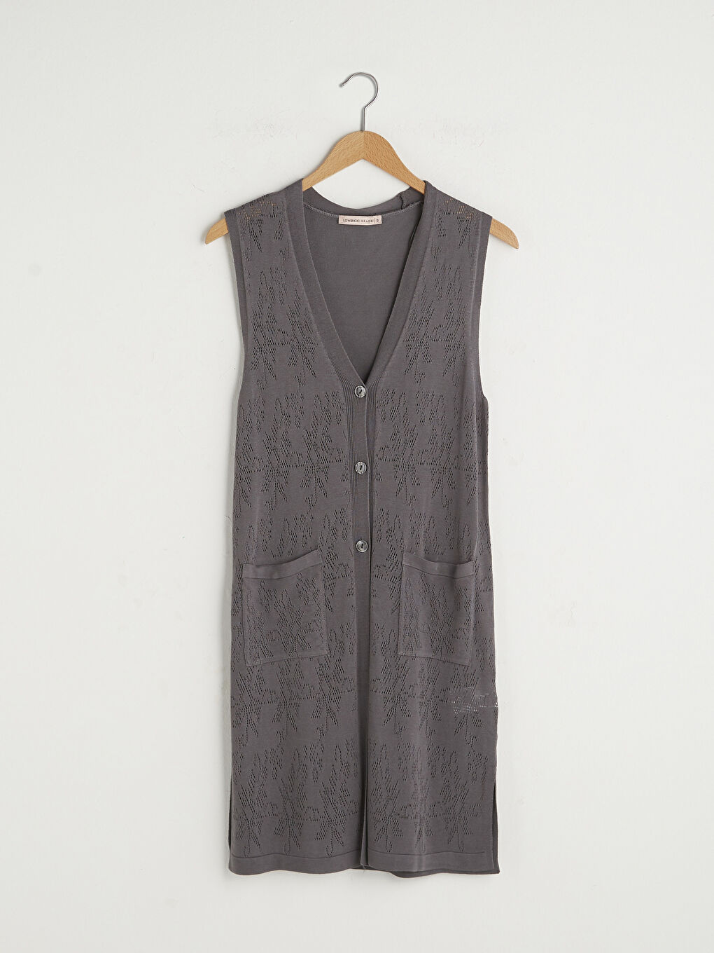 Gri V Yaka Kendinden Desenli Cep Detaylı Kadın Triko Yelek-4